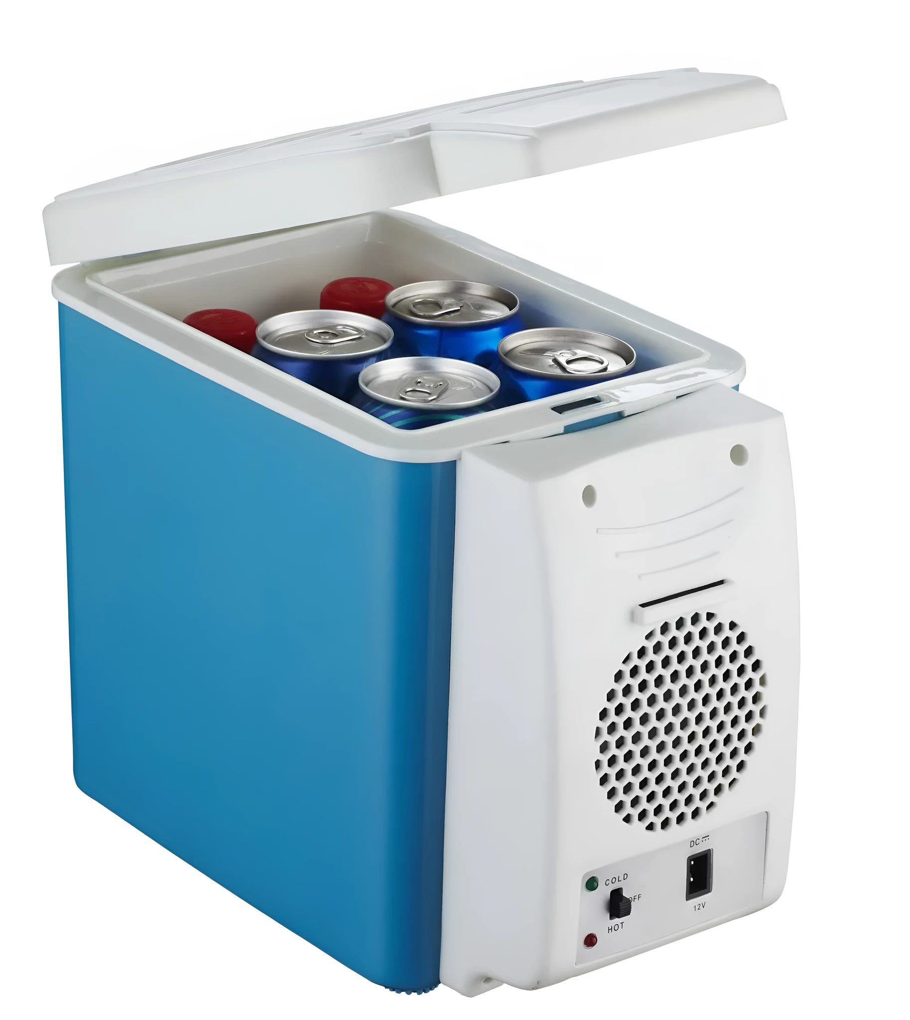 Portable 6L dual-voltage mini fridge with strap, black plastic and metal body