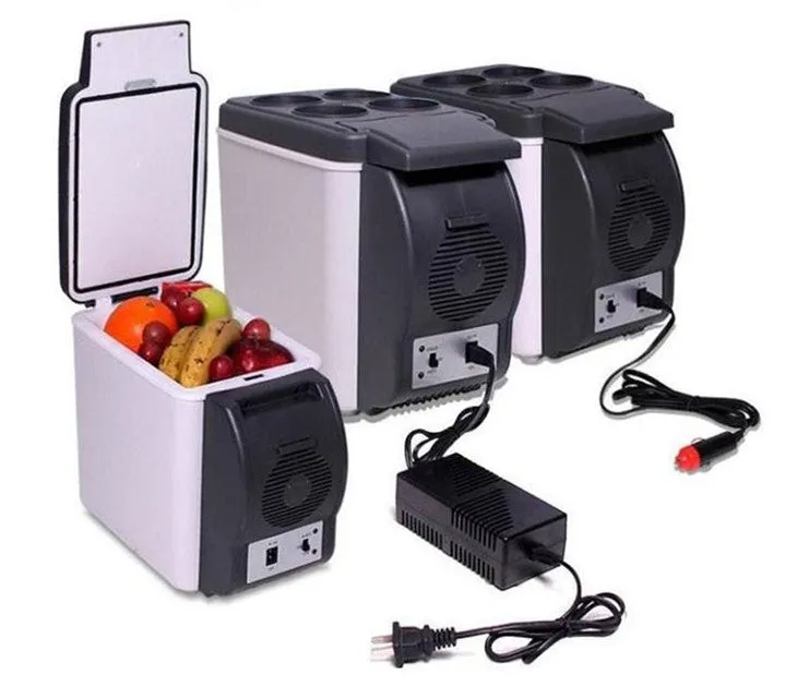 Portable 6L dual-voltage mini fridge with strap, black plastic and metal body