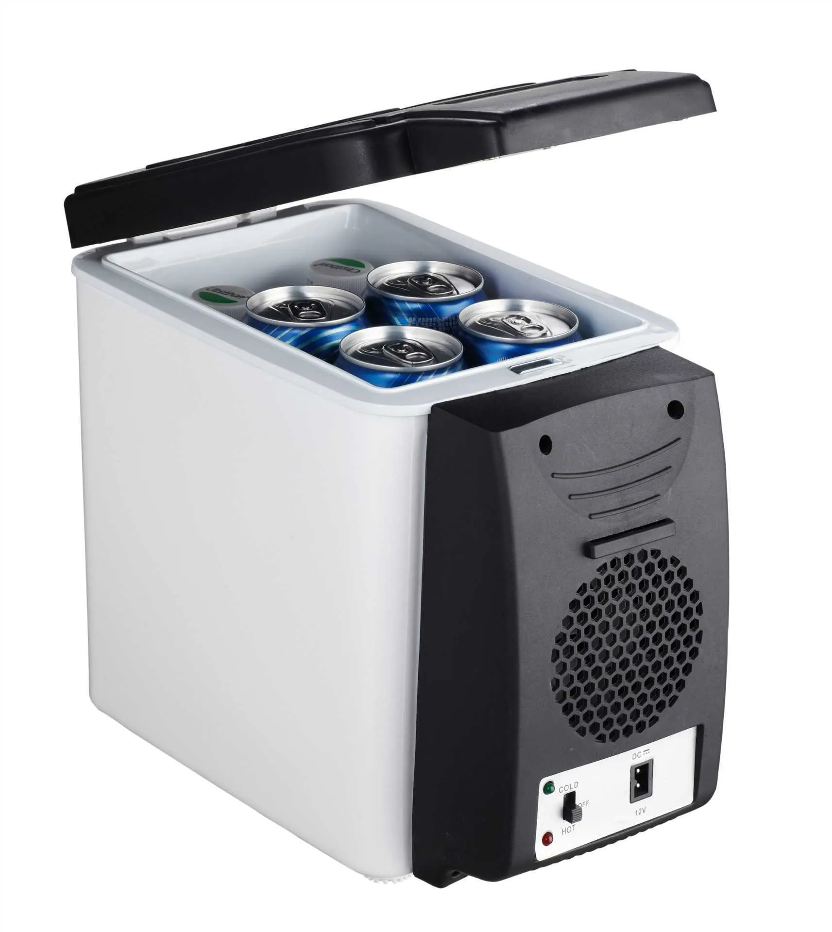 Portable 6L dual-voltage mini fridge with strap, black plastic and metal body