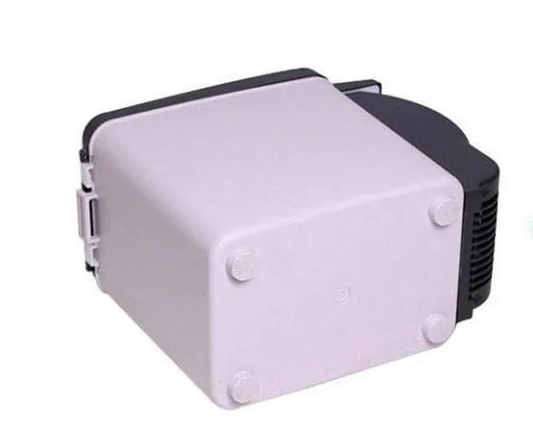 Portable 6L dual-voltage mini fridge with strap, black plastic and metal body