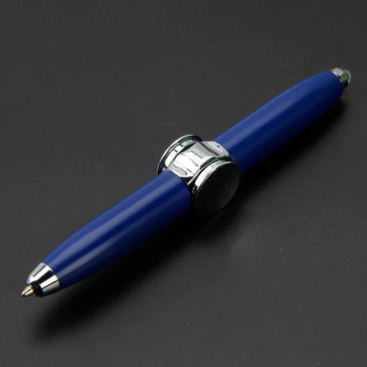 Multifunctional finger gyro ballpoint pen set in black, gold, and silver colours on a white background