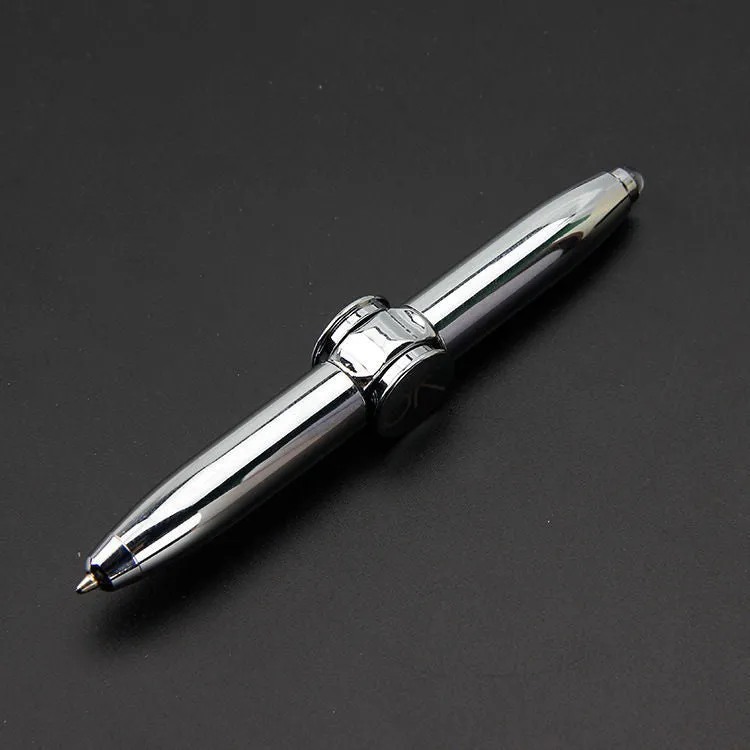 Multifunctional finger gyro ballpoint pen set in black, gold, and silver colours on a white background