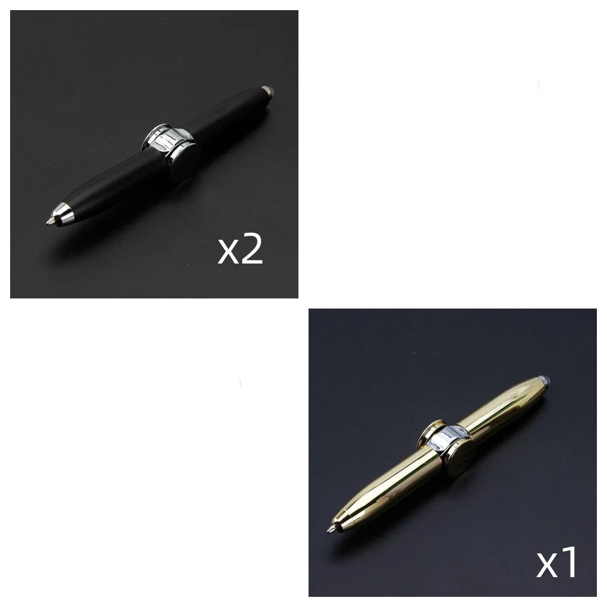 Multifunctional finger gyro ballpoint pen set in black, gold, and silver colours on a white background