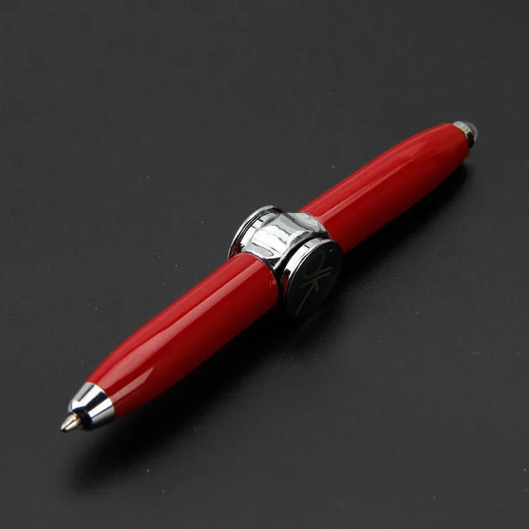 Multifunctional finger gyro ballpoint pen set in black, gold, and silver colours on a white background