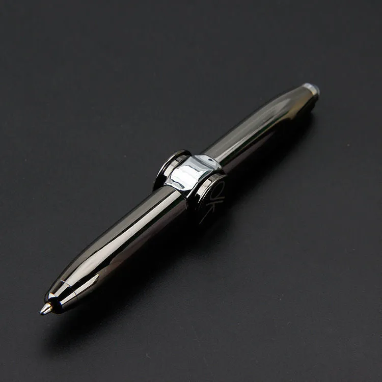 Multifunctional finger gyro ballpoint pen set in black, gold, and silver colours on a white background