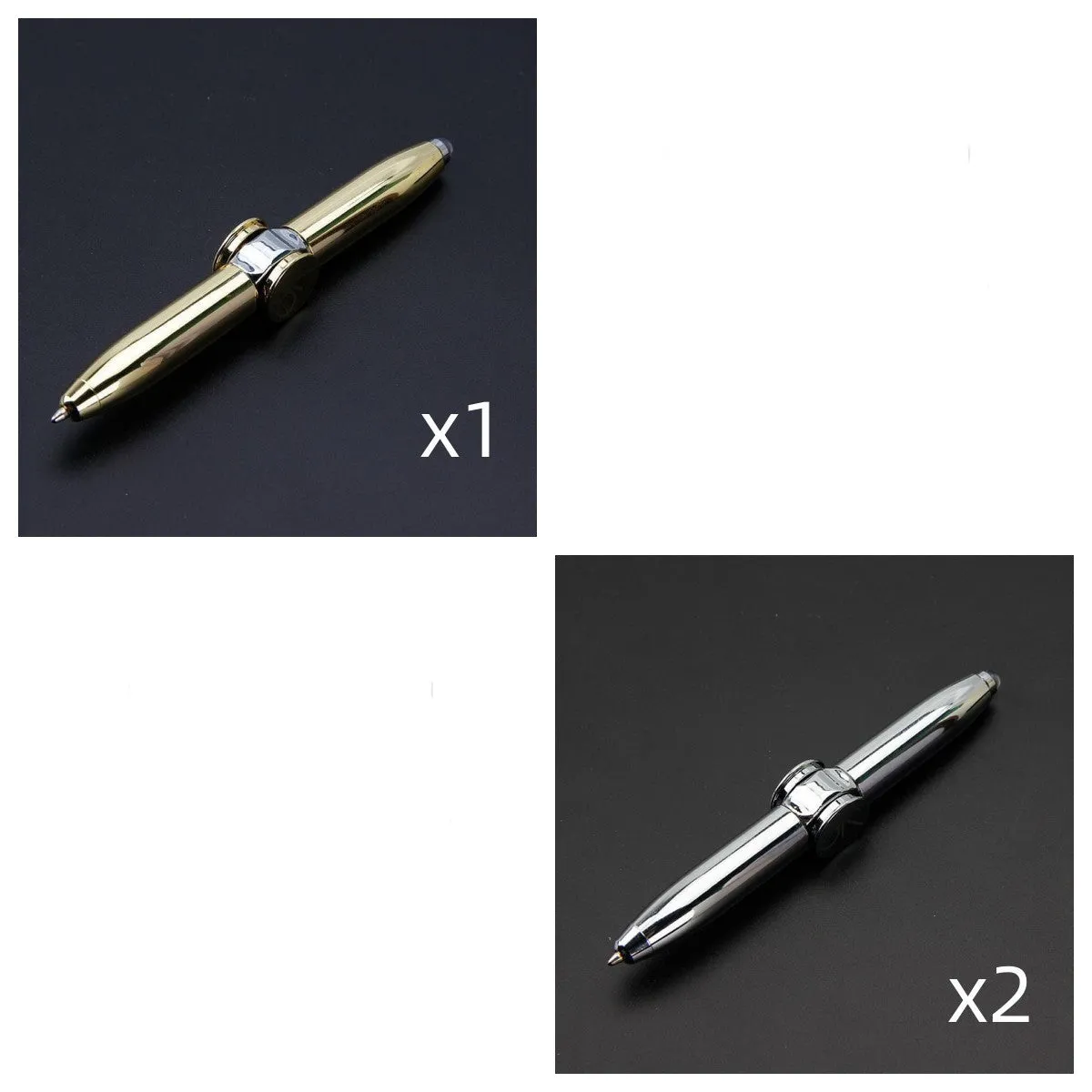 Multifunctional finger gyro ballpoint pen set in black, gold, and silver colours on a white background