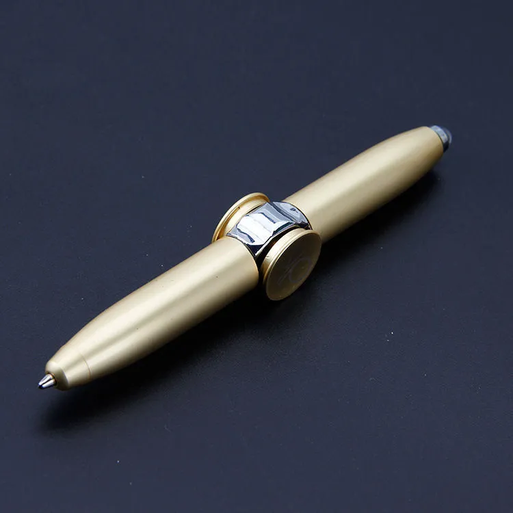 Multifunctional finger gyro ballpoint pen set in black, gold, and silver colours on a white background