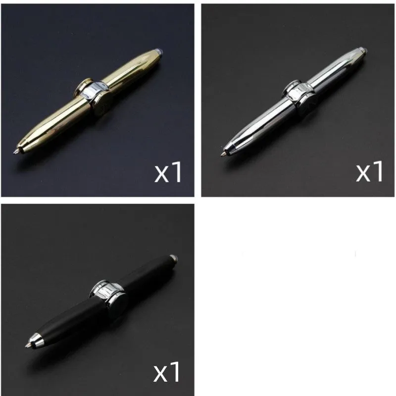 Multifunctional finger gyro ballpoint pen set in black, gold, and silver colours on a white background