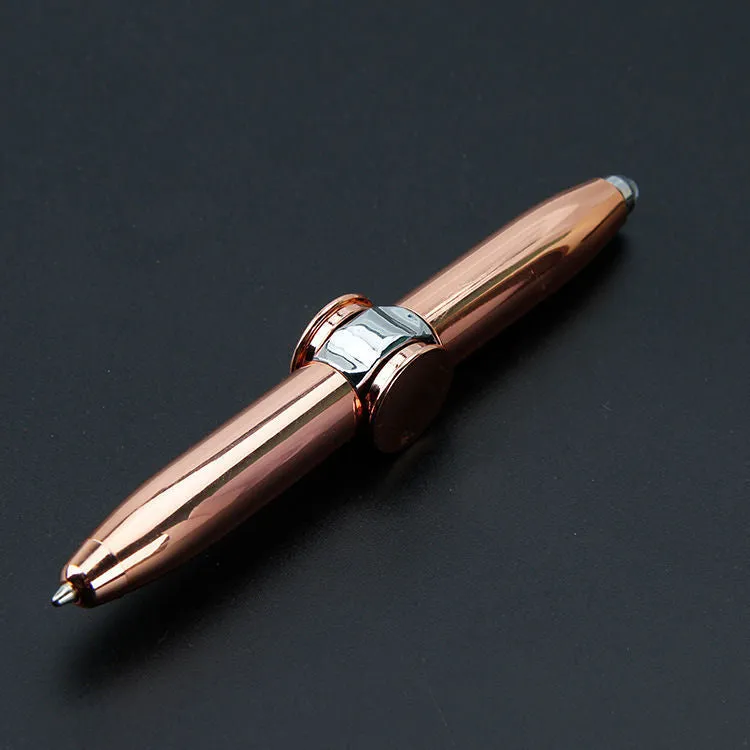 Multifunctional finger gyro ballpoint pen set in black, gold, and silver colours on a white background