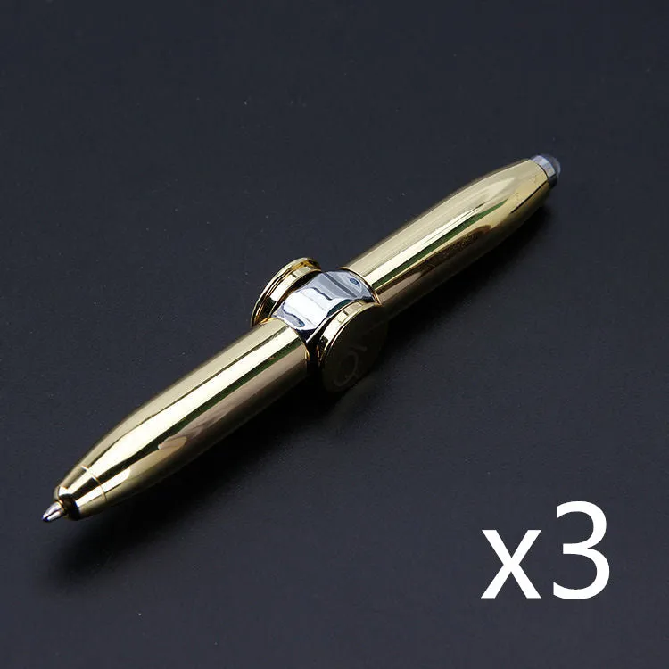 Multifunctional finger gyro ballpoint pen set in black, gold, and silver colours on a white background