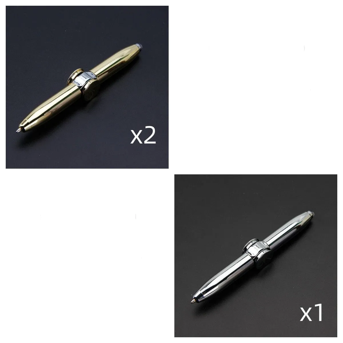 Multifunctional finger gyro ballpoint pen set in black, gold, and silver colours on a white background