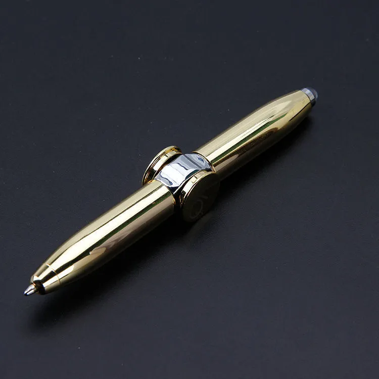 Multifunctional finger gyro ballpoint pen set in black, gold, and silver colours on a white background