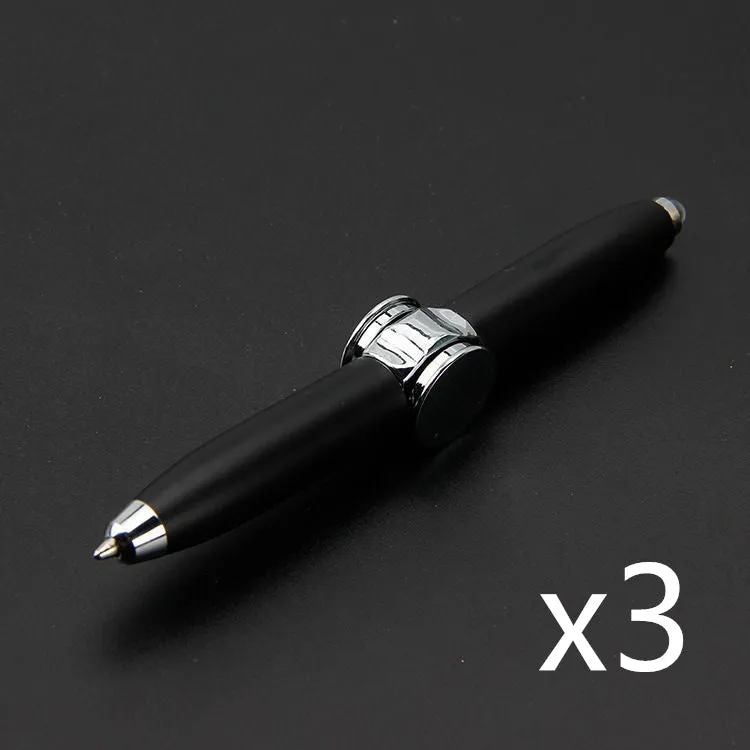 Multifunctional finger gyro ballpoint pen set in black, gold, and silver colours on a white background