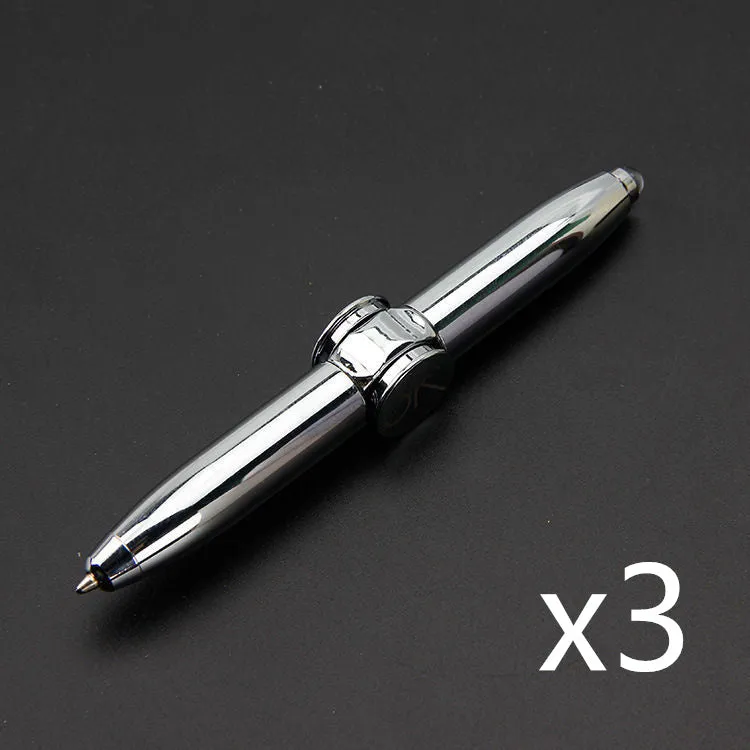Multifunctional finger gyro ballpoint pen set in black, gold, and silver colours on a white background