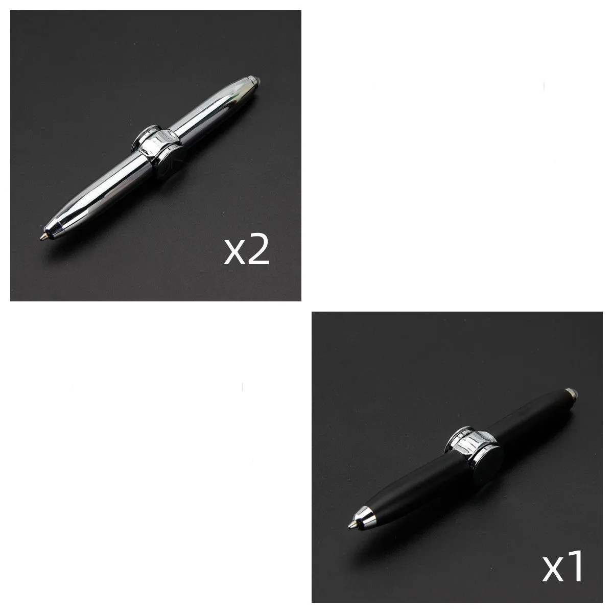 Multifunctional finger gyro ballpoint pen set in black, gold, and silver colours on a white background