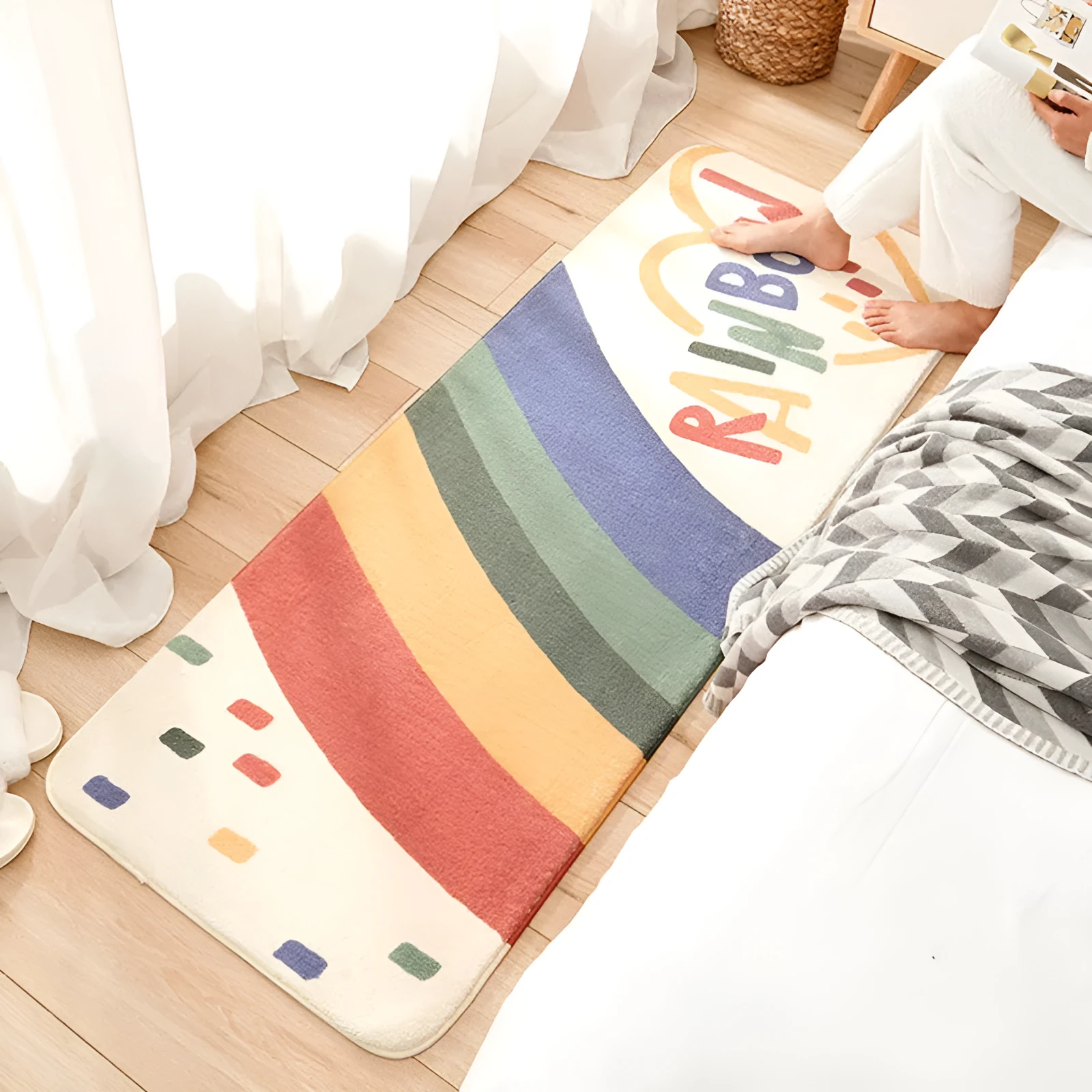Cartoon rainbow printed non-slip polyester mat for living room or kids room, 40x120cm or 60x160cm