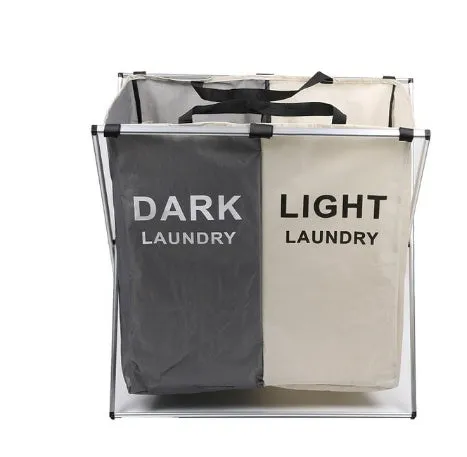 Foldable three-compartment laundry basket in Oxford cloth with aluminium frame, collapsed for space-saving storage