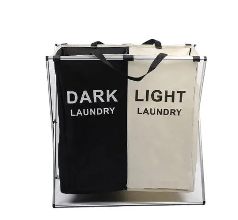 Foldable three-compartment laundry basket in Oxford cloth with aluminium frame, collapsed for space-saving storage