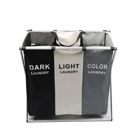 Foldable three-compartment laundry basket in Oxford cloth with aluminium frame, collapsed for space-saving storage