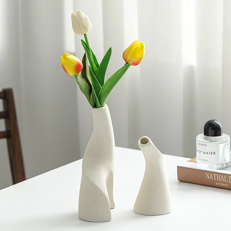 Ceramic shaped double vase in cream colour for Nordic home decoration on shelf