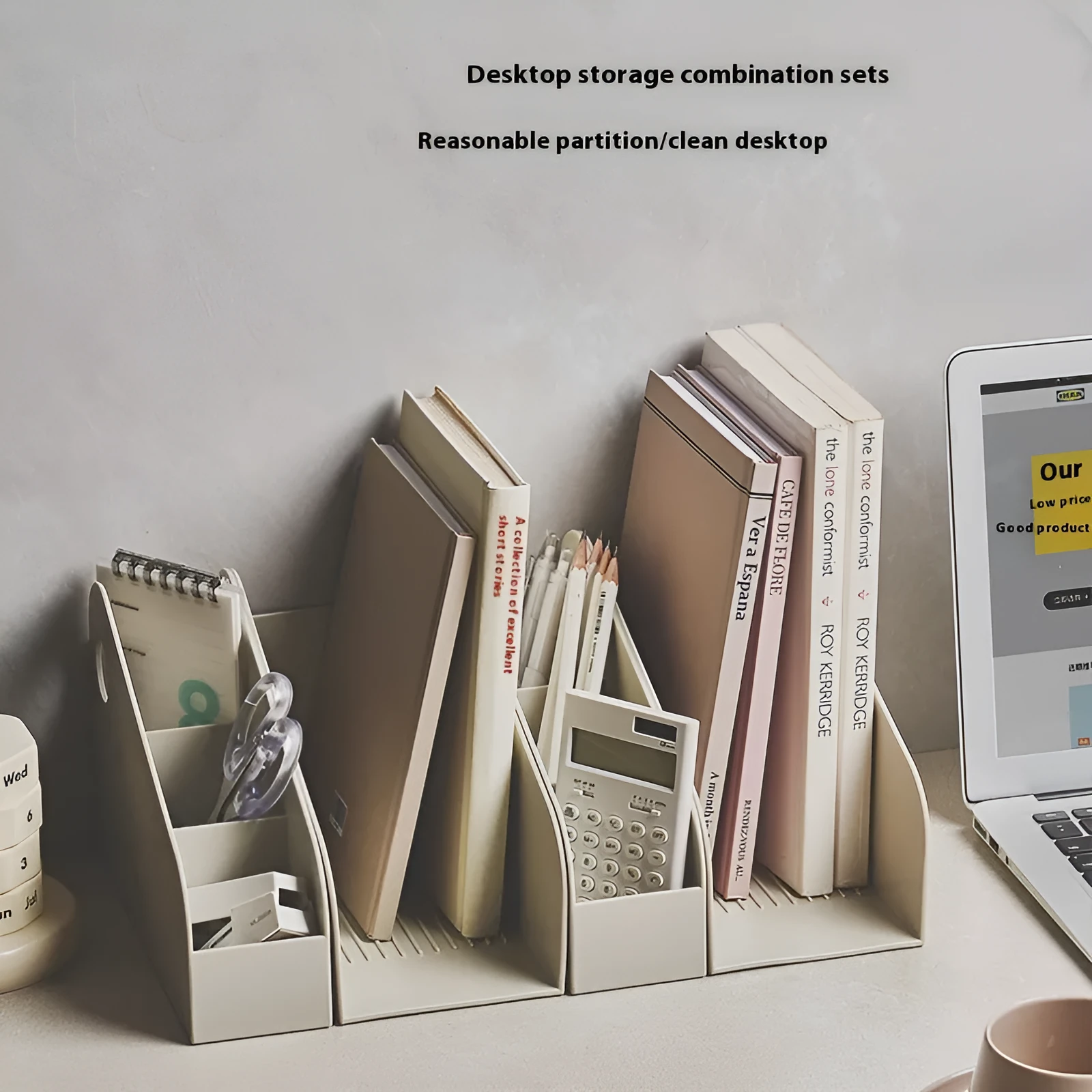 Desktop storage box with two grid layers in milk coffee colour measuring 14.5x17x22cm