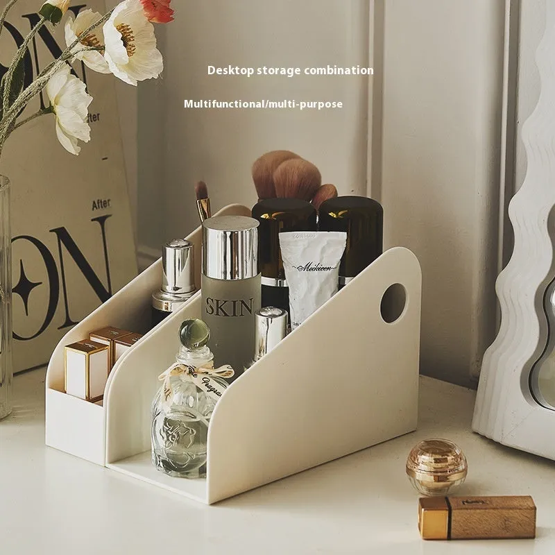 Desktop storage box with two grid layers in milk coffee colour measuring 14.5x17x22cm