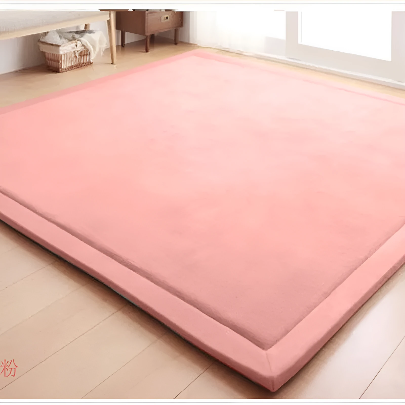 Thick coral velvet non-slip tatami mat in olive green, hand woven finish, placed on wooden floor
