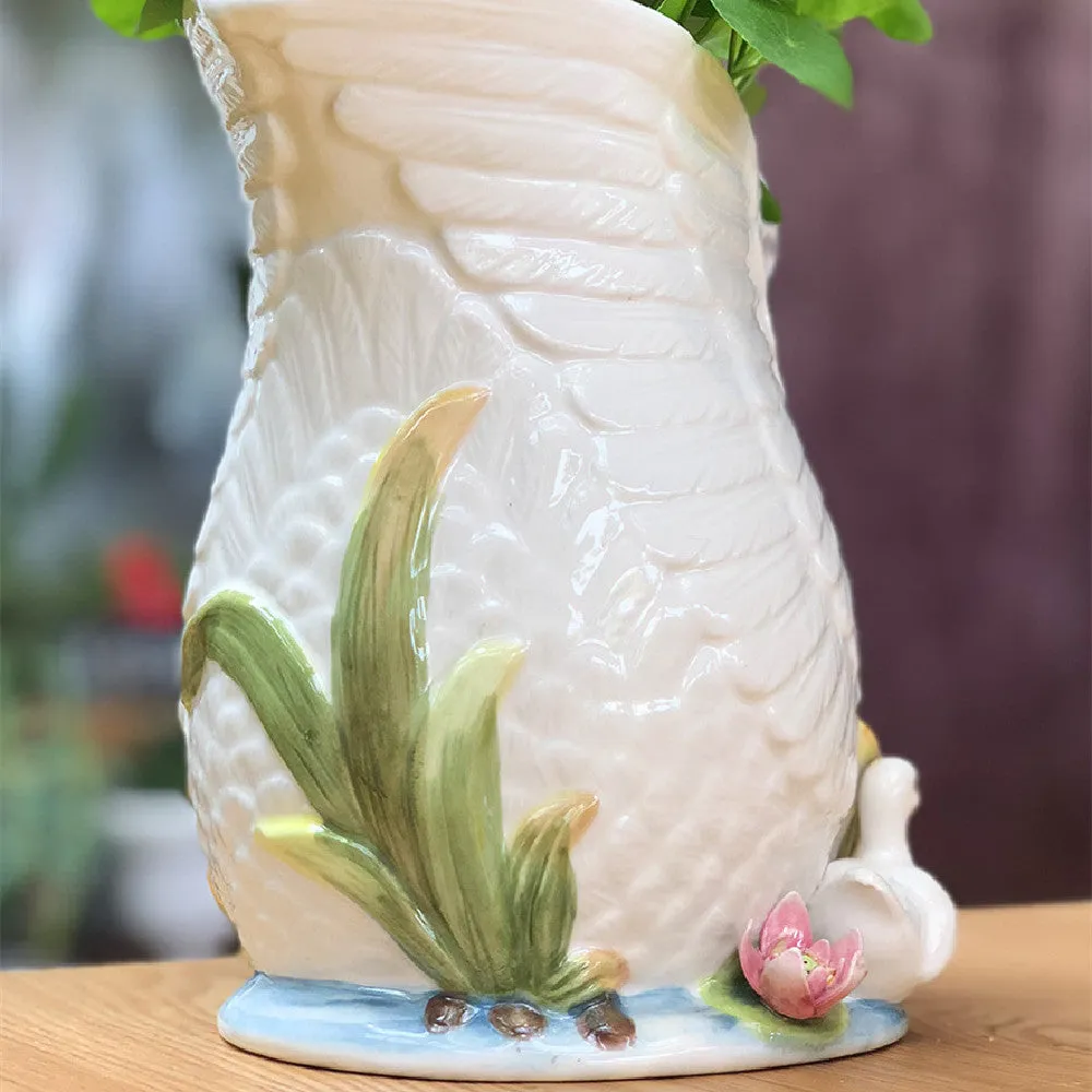 Ceramic vase with embossed swan design in pastoral style, dimensions 24.1x15.2x20cm, picture colour