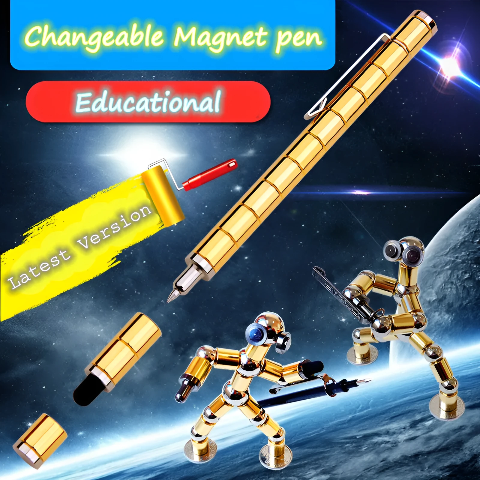 Magnetic modular fidget pen with silver finish, magnetic rings, steel balls, and capacitive head on a table