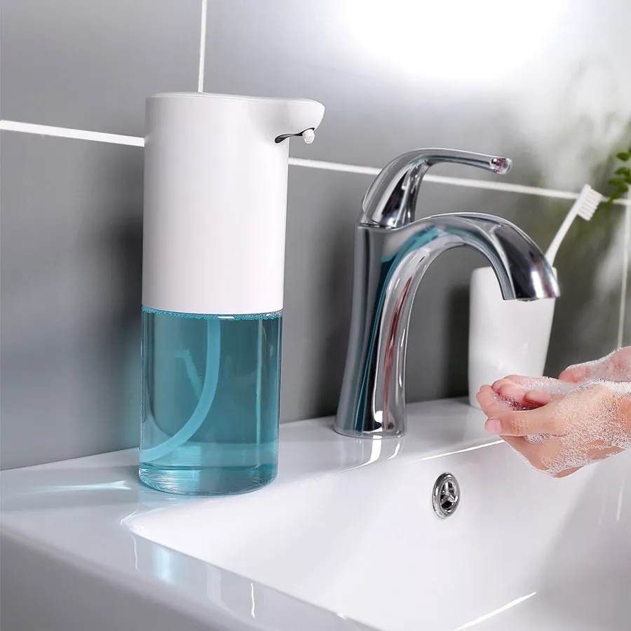 White automatic induction foam soap dispenser on desktop, ABS plastic, 72x99x192mm