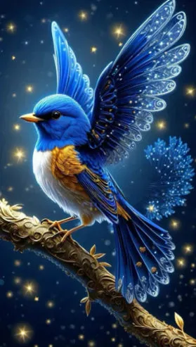 Blue bird diamond painting design on 60x100cm canvas with rhinestone details