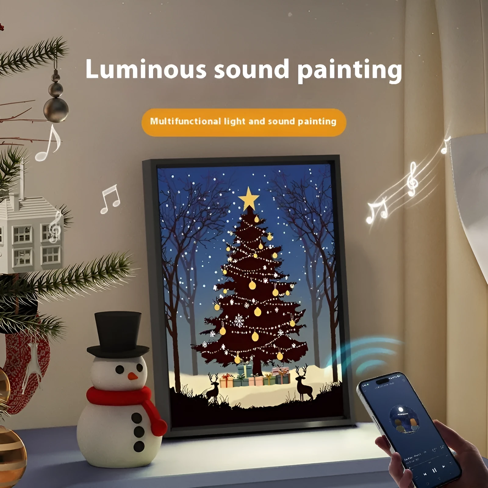 Shiny aluminium alloy Christmas tree painting Bluetooth speaker night light on desktop, 18x24cm size with USB cable