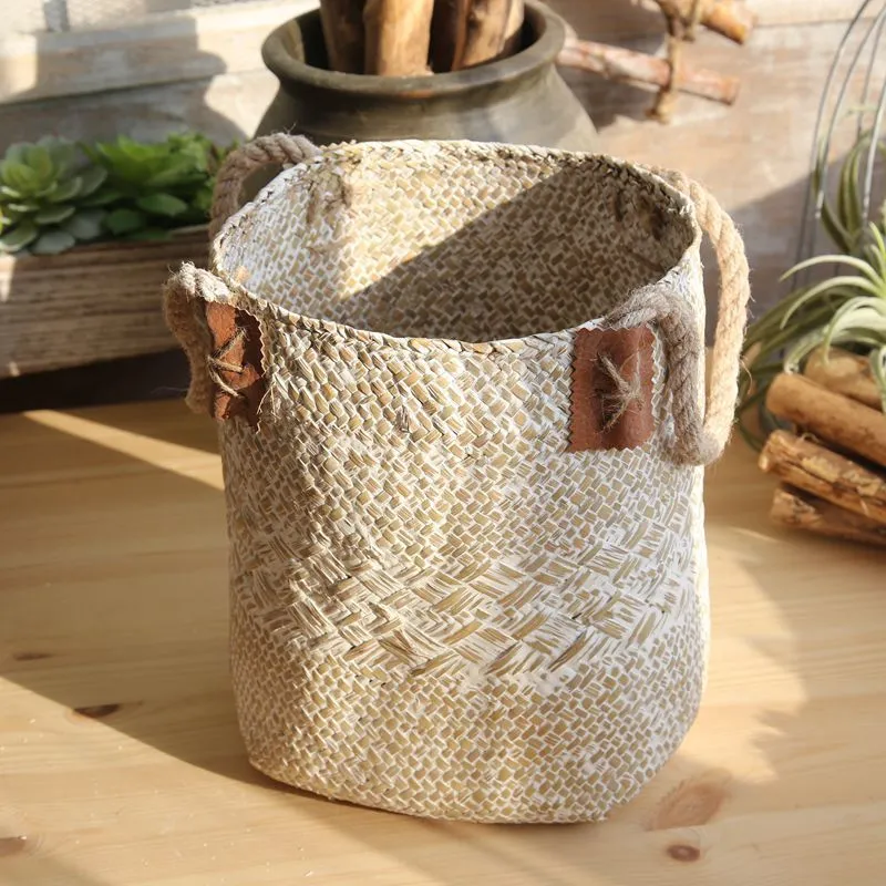 Hand woven seagrass basket in natural brown, multipurpose storage for fruits and vegetables, two sizes available