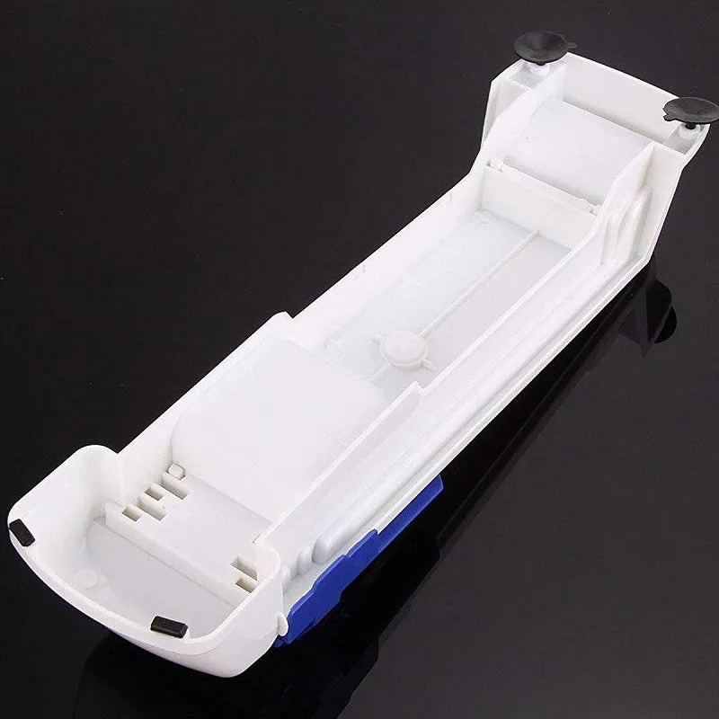 Blue plastic vegetable meat roller from Home Sushi Machine, 36cm by 10cm by 8cm, on a kitchen counter with English packaging