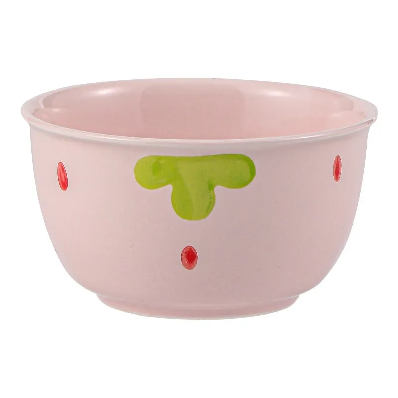 Cute strawberry-themed porcelain dinnerware set with flower bowl, fish dish, plates, and spoon.