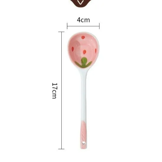 Cute strawberry-themed porcelain dinnerware set with flower bowl, fish dish, plates, and spoon.