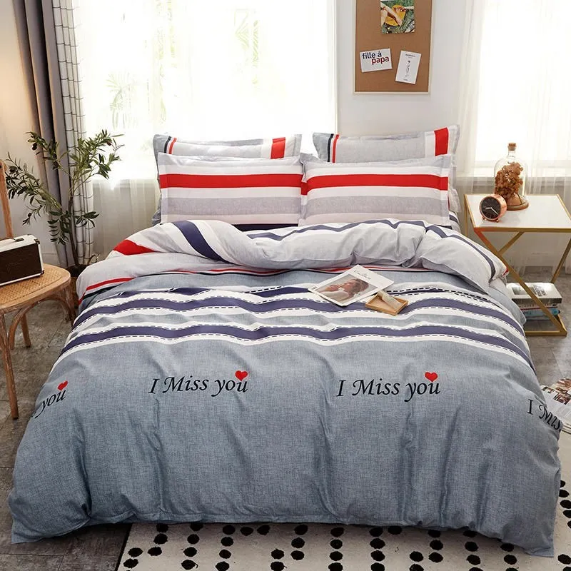 Cotton duvet cover and fitted sheet bedding set in a colour option, shown on a bed