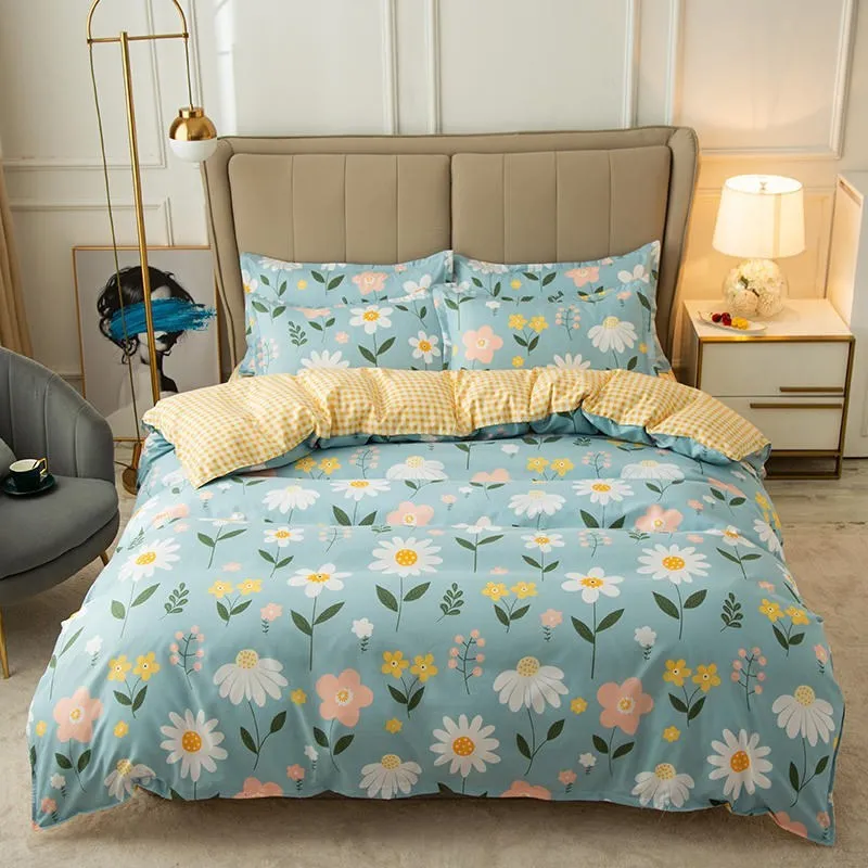 Cotton duvet cover and fitted sheet bedding set in a colour option, shown on a bed