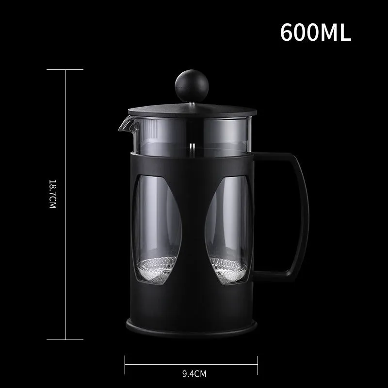 Household coffee press manual coffee pot with black high borosilicate glass carafe and 304 stainless steel filter