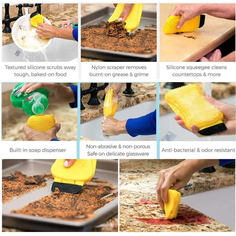 3-in-1 silicone sponge scrubber with built-in soap dispenser, nylon scraper, and squeegee on kitchen counter