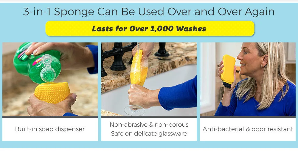 3-in-1 silicone sponge scrubber with built-in soap dispenser, nylon scraper, and squeegee on kitchen counter