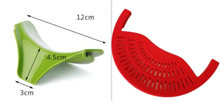 Black silicone food oil drainer snapped onto a pot rim, with liquid being poured off