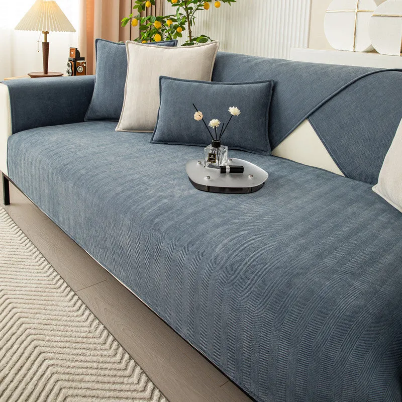 Thickened chenille sofa cover in solid colour haze blue for couch and cushion protection