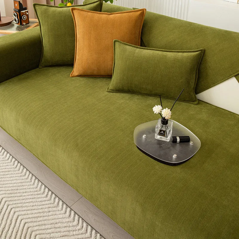 Thickened chenille sofa cover in solid colour haze blue for couch and cushion protection