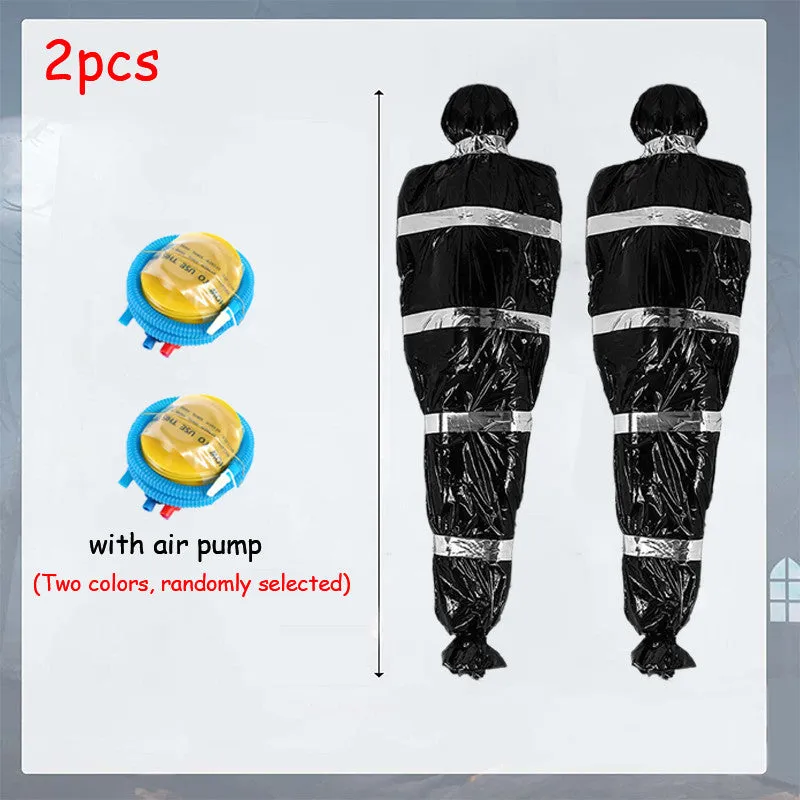 Scary black plastic fake body bag 150cm long with inflatable corpse inside for Halloween outdoor display