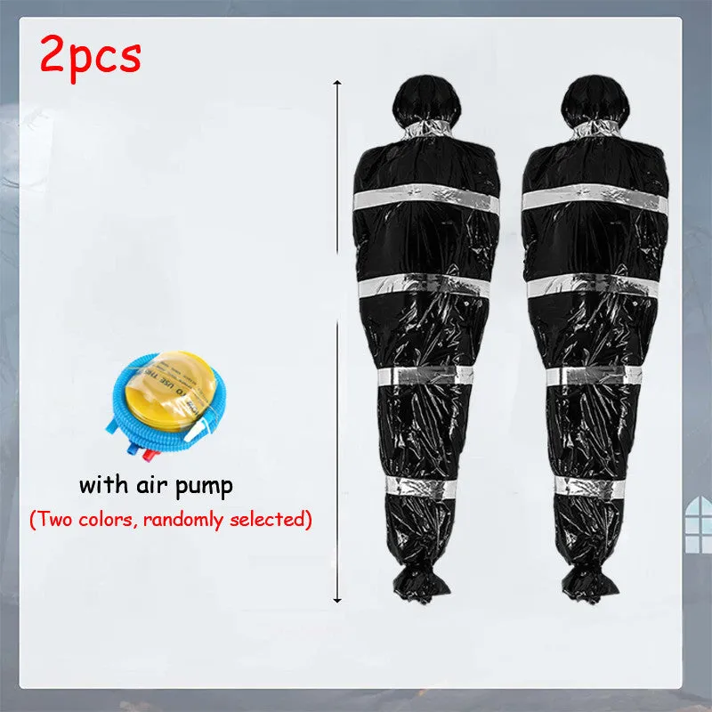 Scary black plastic fake body bag 150cm long with inflatable corpse inside for Halloween outdoor display