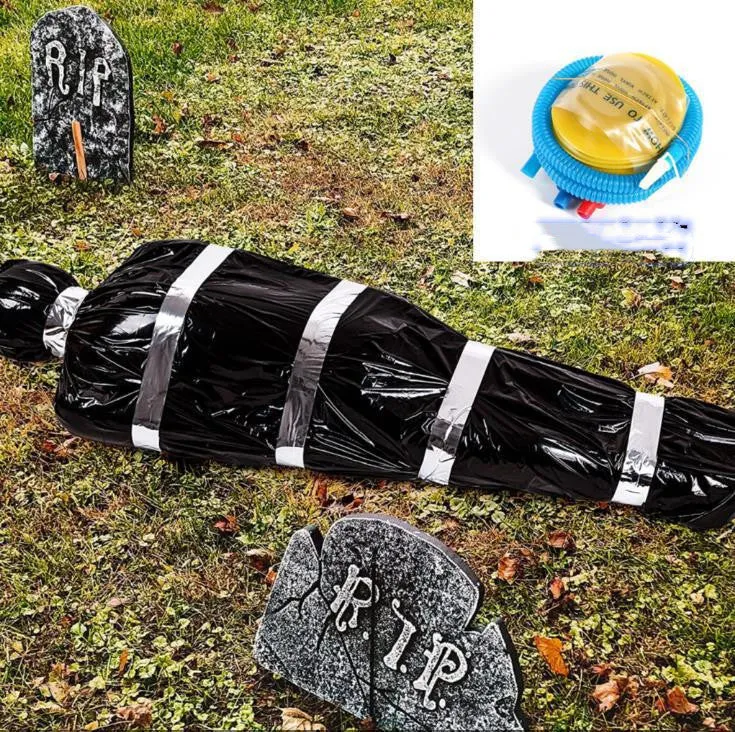 Scary black plastic fake body bag 150cm long with inflatable corpse inside for Halloween outdoor display