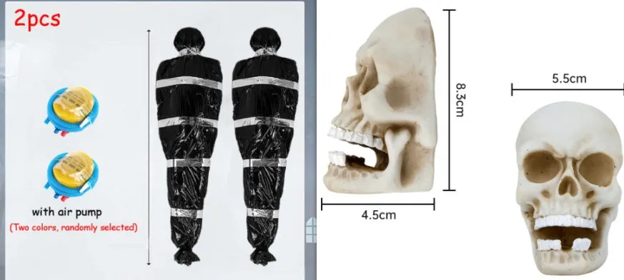 Scary black plastic fake body bag 150cm long with inflatable corpse inside for Halloween outdoor display