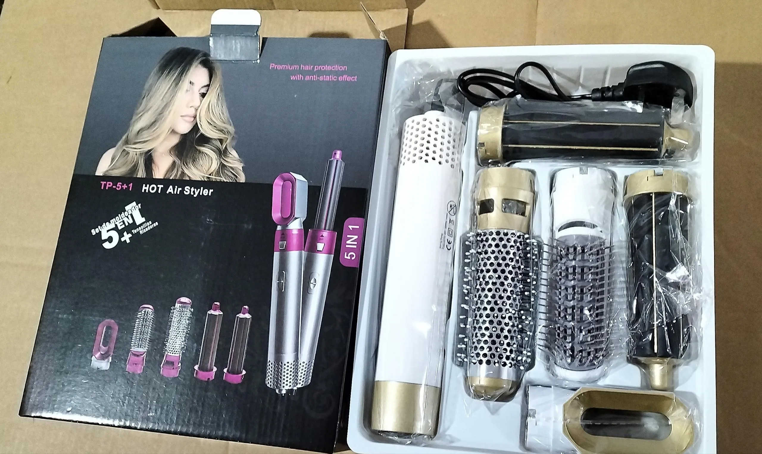 Men and women multifunctional hot air curling iron in plastic with constant temperature, pink colour, compact 32x12.5x12cm size