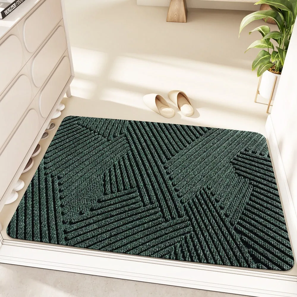 Silk ring diatom earth entrance mat in alien shape with cartoon anime pattern, colours green grey khaki blue
